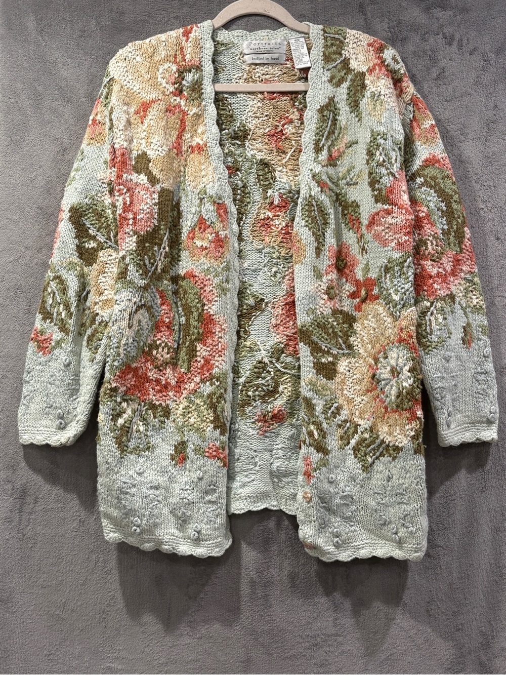VTG Portraits by Northern Isles Chunky Hand Knit Floral Cardigan Sweater Size M